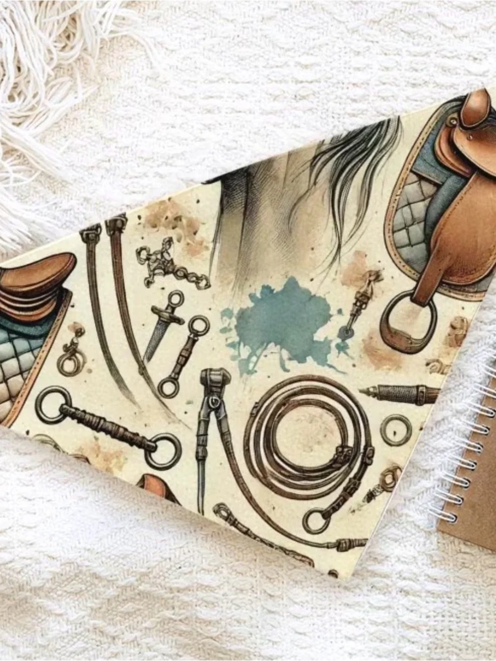 Equestrian Horse Print Silk-Feel Scarf - Cream & Teal